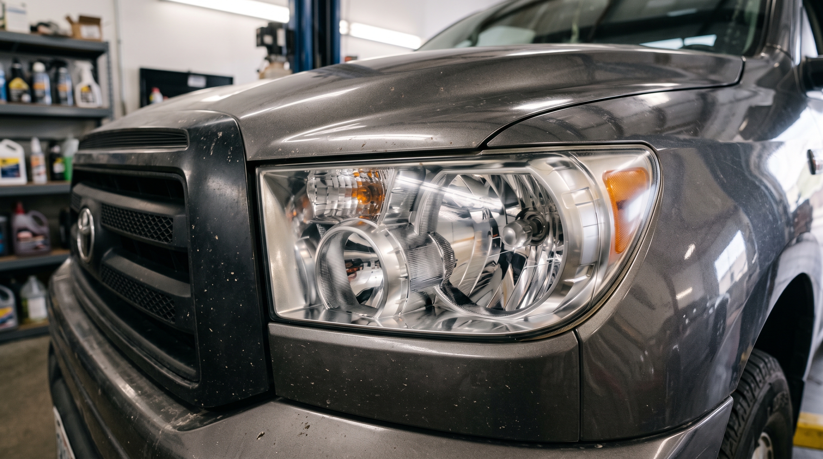 Restored Toyota Tundra headlight after polishing and ceramic seal