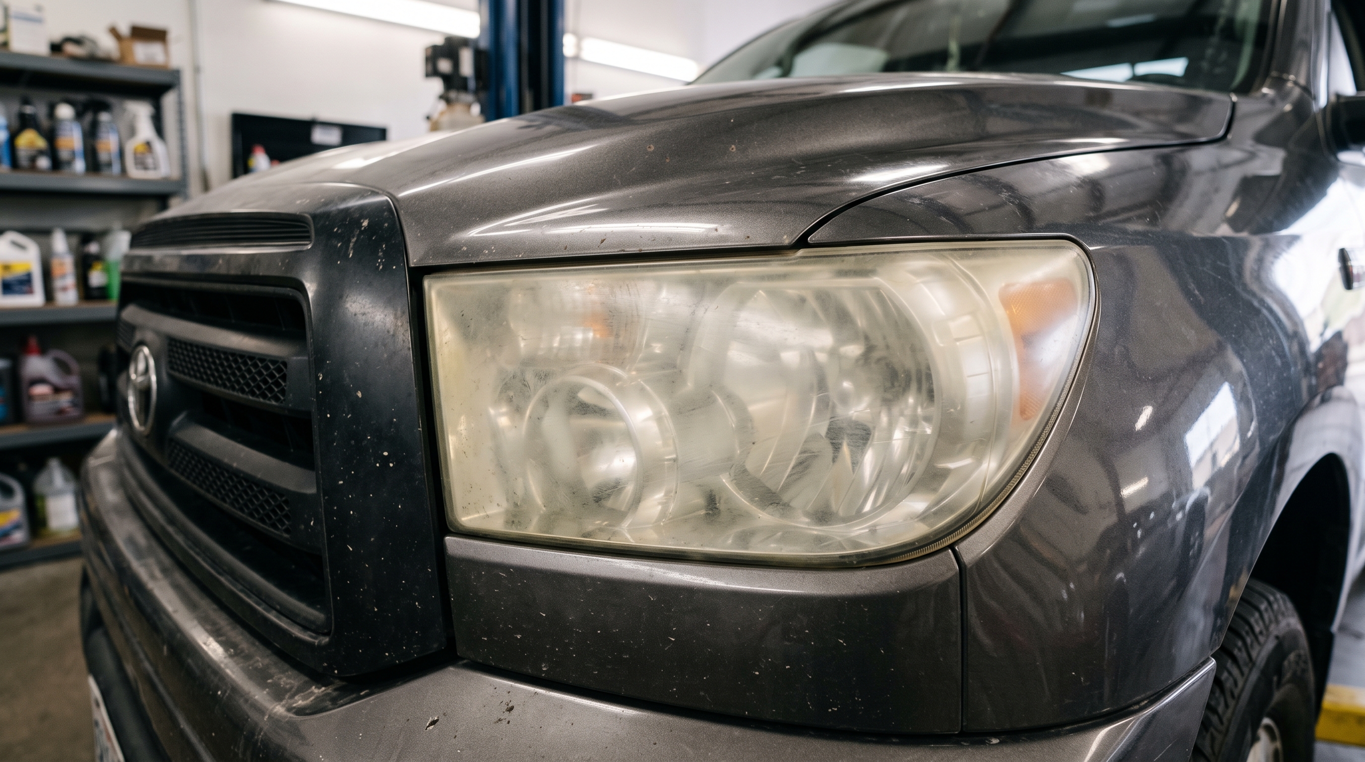 Cloudy, oxidized Toyota Tundra headlight before restoration